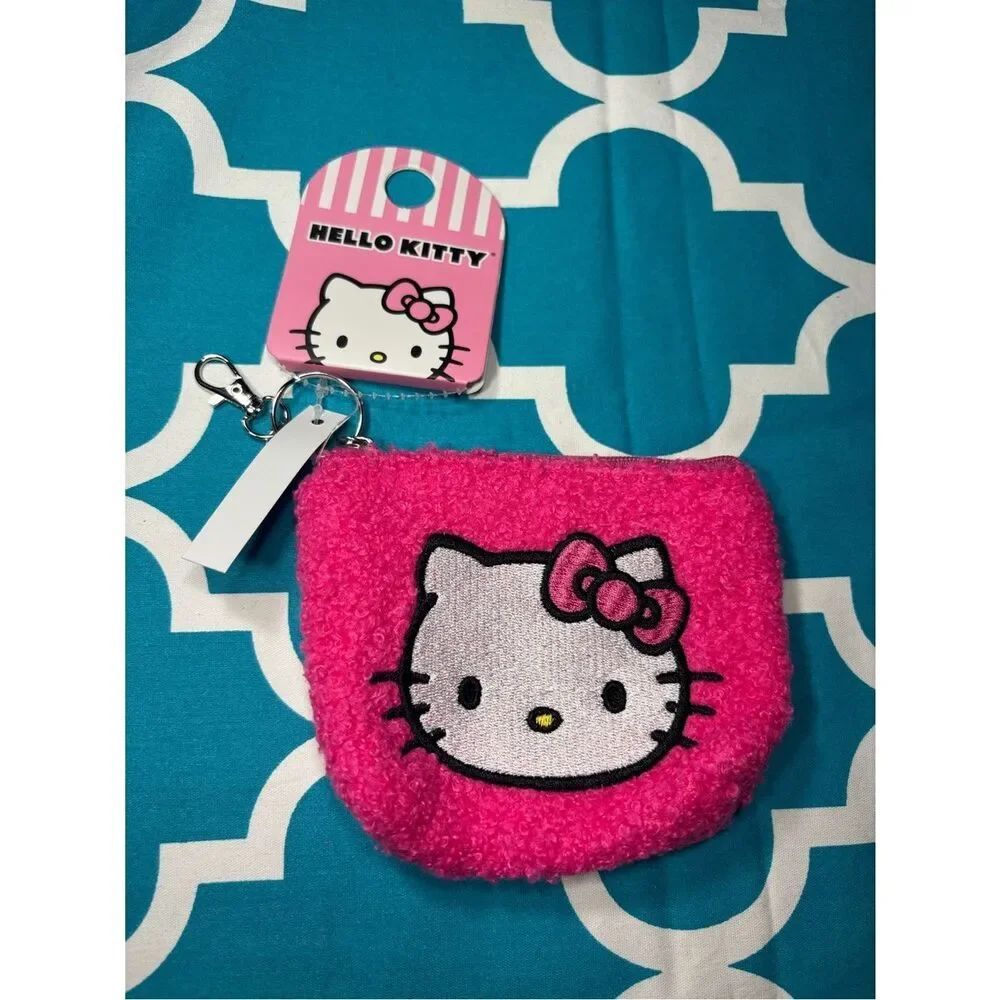 New Hello Kitty Pink Fuzzy Coin Purse with Key Clip